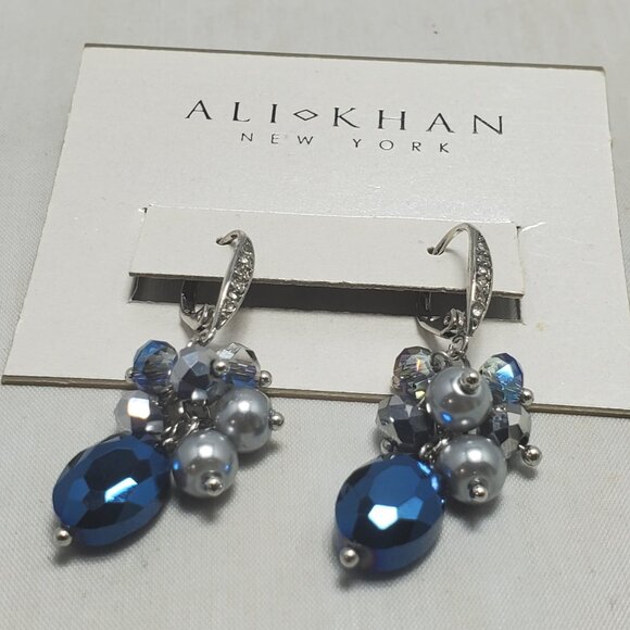 Ali Khan silver tone with deep blue crystal dangle earring - Picture 3 of 6